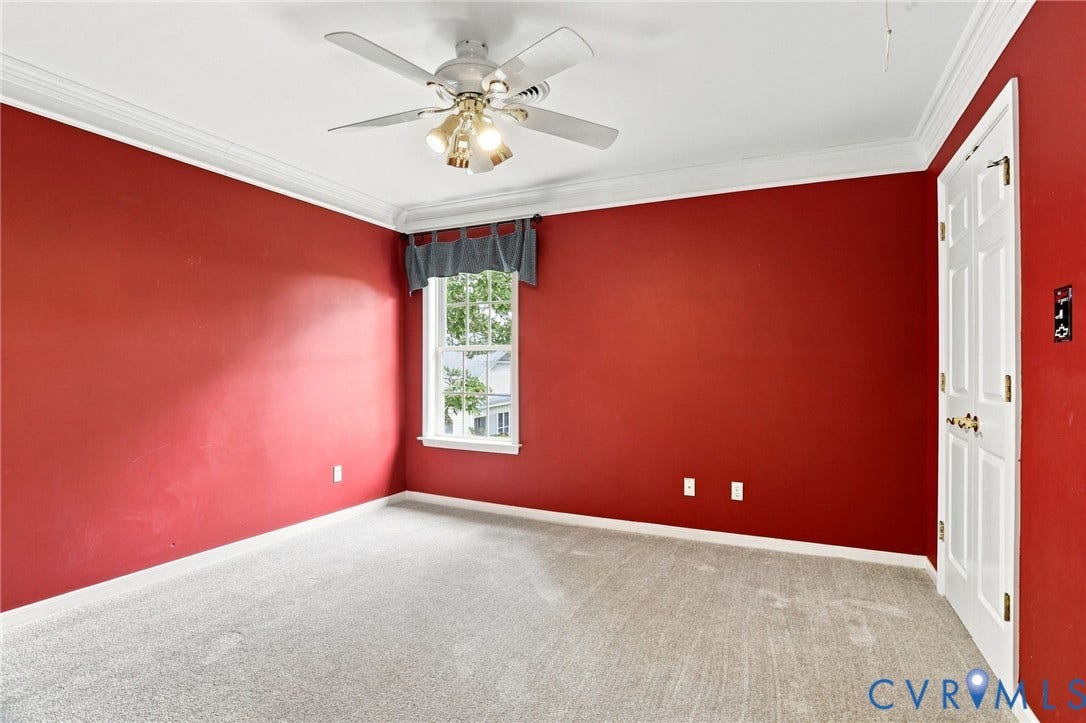 5712 Stephens Point Court, Stephens Point, Chester, VA 23831 Bright fourth bedroom with crown molding, ceiling fan, and closet storage.