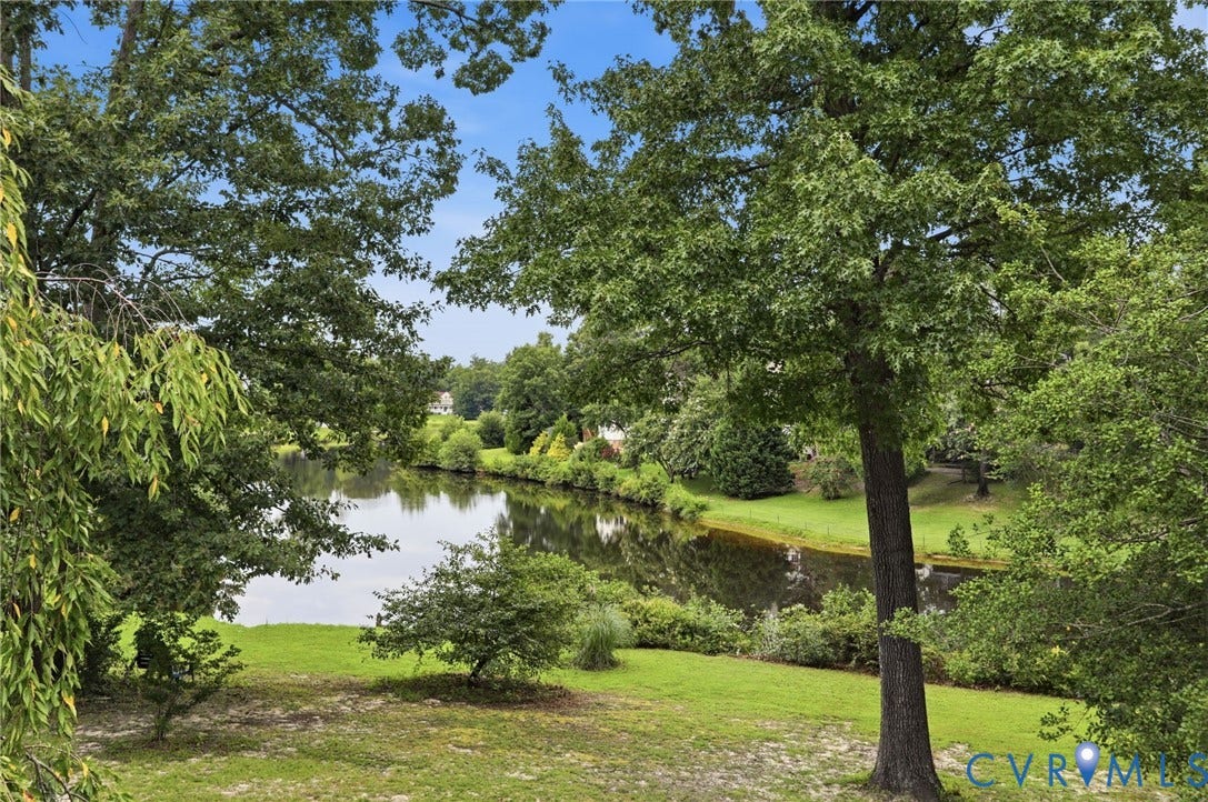 5712 Stephens Point Court, Stephens Point, Chester, VA 23831 Beautiful backyard setting overlooking the water, surrounded by mature trees and greenery.