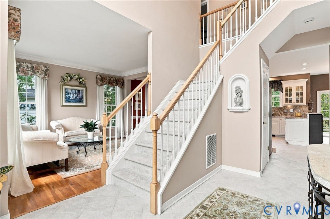 5712 Stephens Point Court, Stephens Point, Chester, VA 23831 Bright two-story foyer welcomes you inside with an open staircase with brand new carpet and easy flow into the main living spaces.