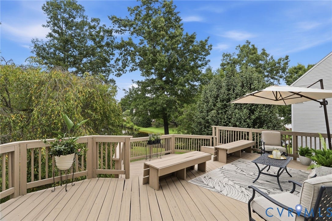 5712 Stephens Point Court, Stephens Point, Chester, VA 23831 Spacious multi-level deck offers a peaceful setting surrounded by mature trees with scenic water views.