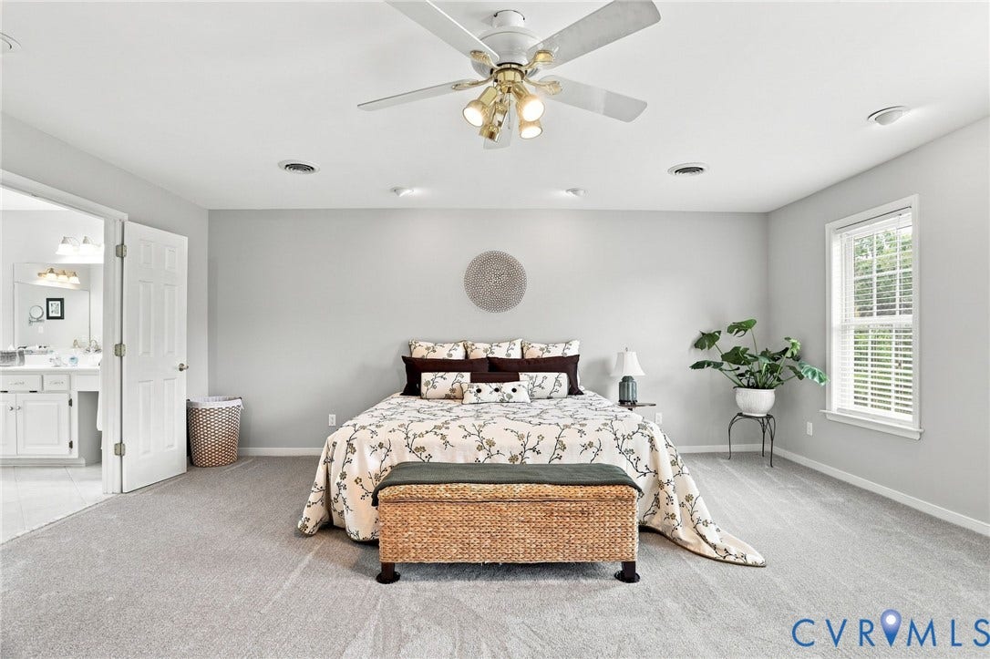 5712 Stephens Point Court, Stephens Point, Chester, VA 23831 Expansive primary suite offers an impressive amount of space with soft neutral finishes and abundant natural light.