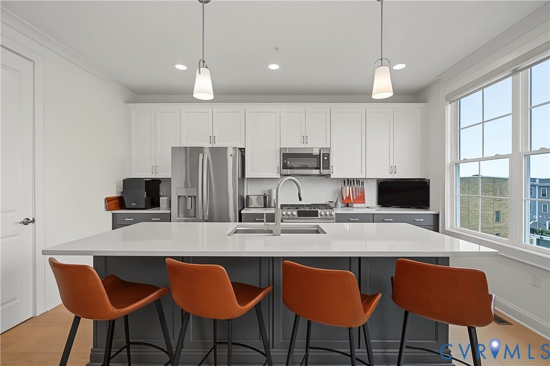 Kitchen with two-tone cabinetry, a center island featuring a white countertop, and stainless steel appliances