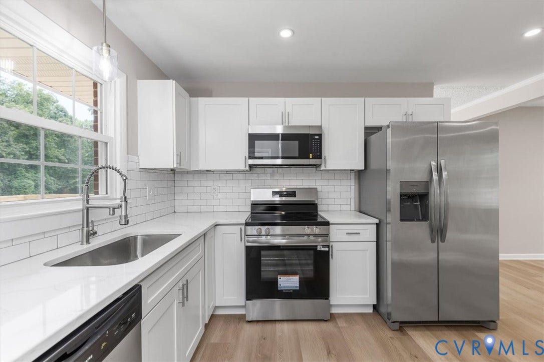 3308 Sylvania Road, Chesterfield, VA 23831 U-shaped kitchen with white cabinetry and countertops, stainless steel appliances, subway tile backsplash, and wood-finish flooring