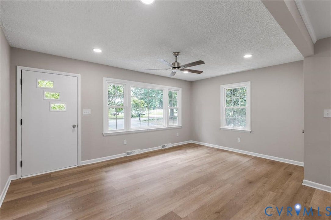 3308 Sylvania Road, Chesterfield, VA 23831 Recessed lighting, wood-finish flooring, ceiling fan, white trim, and multiple windows