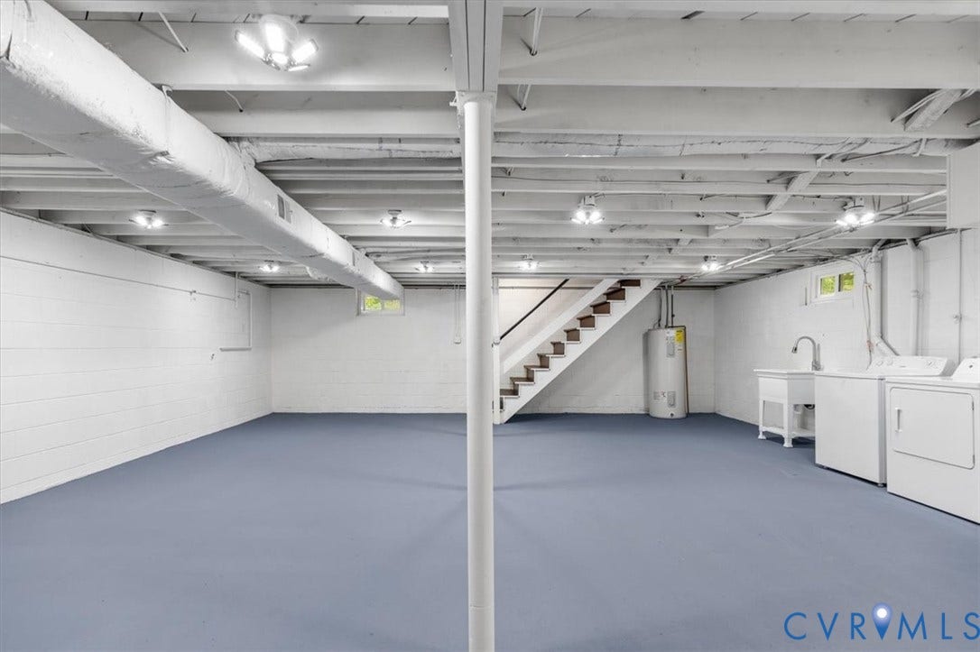 3308 Sylvania Road, Chesterfield, VA 23831 Spacious open-concept lower level with painted concrete block walls, exposed joist ceiling, and recessed lighting