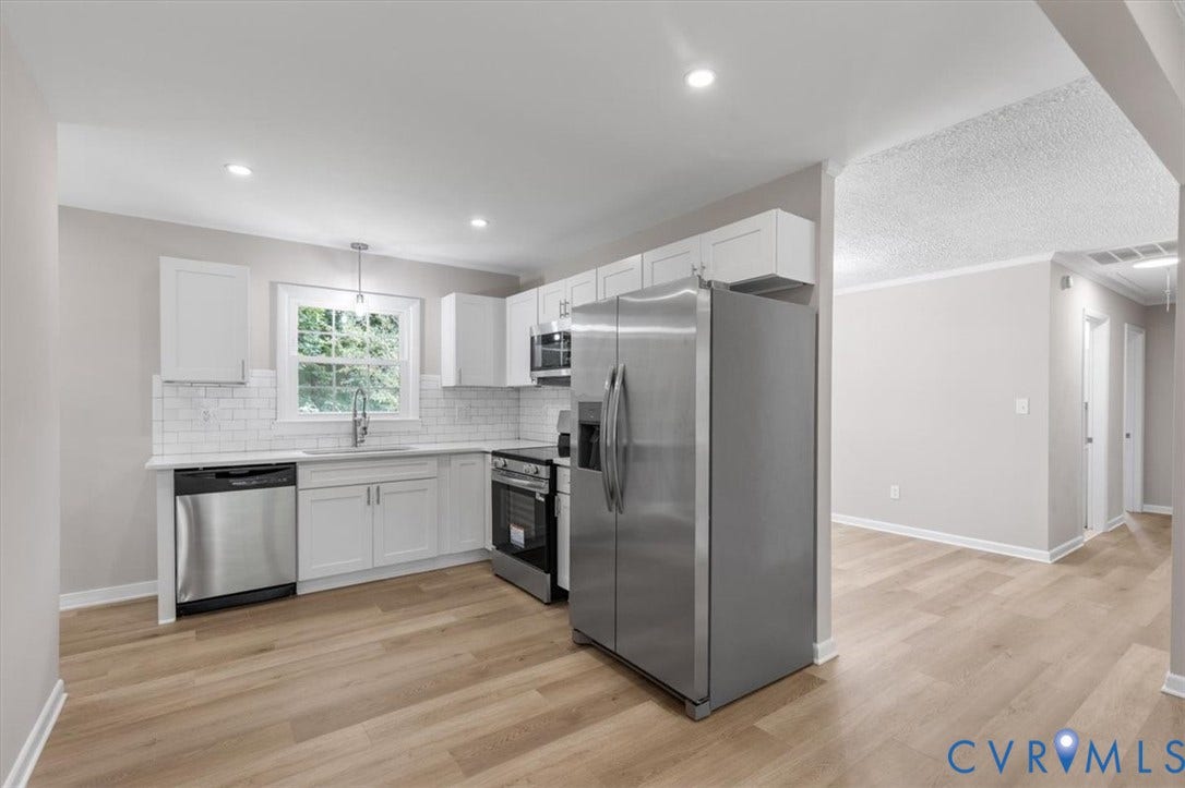 3308 Sylvania Road, Chesterfield, VA 23831 Kitchen featuring white cabinetry, stainless steel appliances, white subway tile backsplash, recessed lighting, and wood-finish flooring