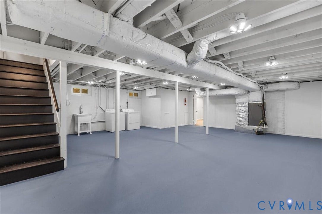 3308 Sylvania Road, Chesterfield, VA 23831 Expansive lower level with painted concrete flooring, exposed white-painted ceiling joists, and integrated ceiling lighting