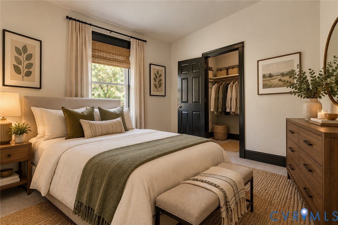 Carpeted bedroom with a window featuring natural light, a dark-trimmed doorway, and built-in closet shelving