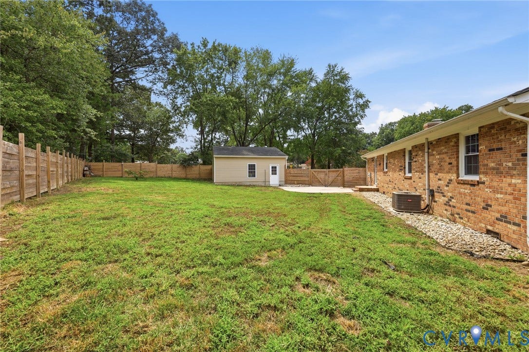 3221 Clintwood Road, Midlothian, VA 23112 Expansive backyard with a manicured lawn, full perimeter privacy fencing, concrete patio, and a detached storage shed
