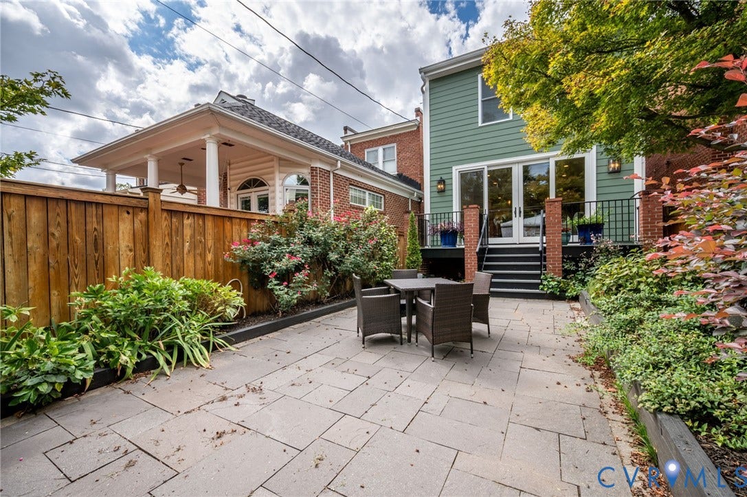 Paved patio area, raised garden beds with mature plantings, and a privacy fence