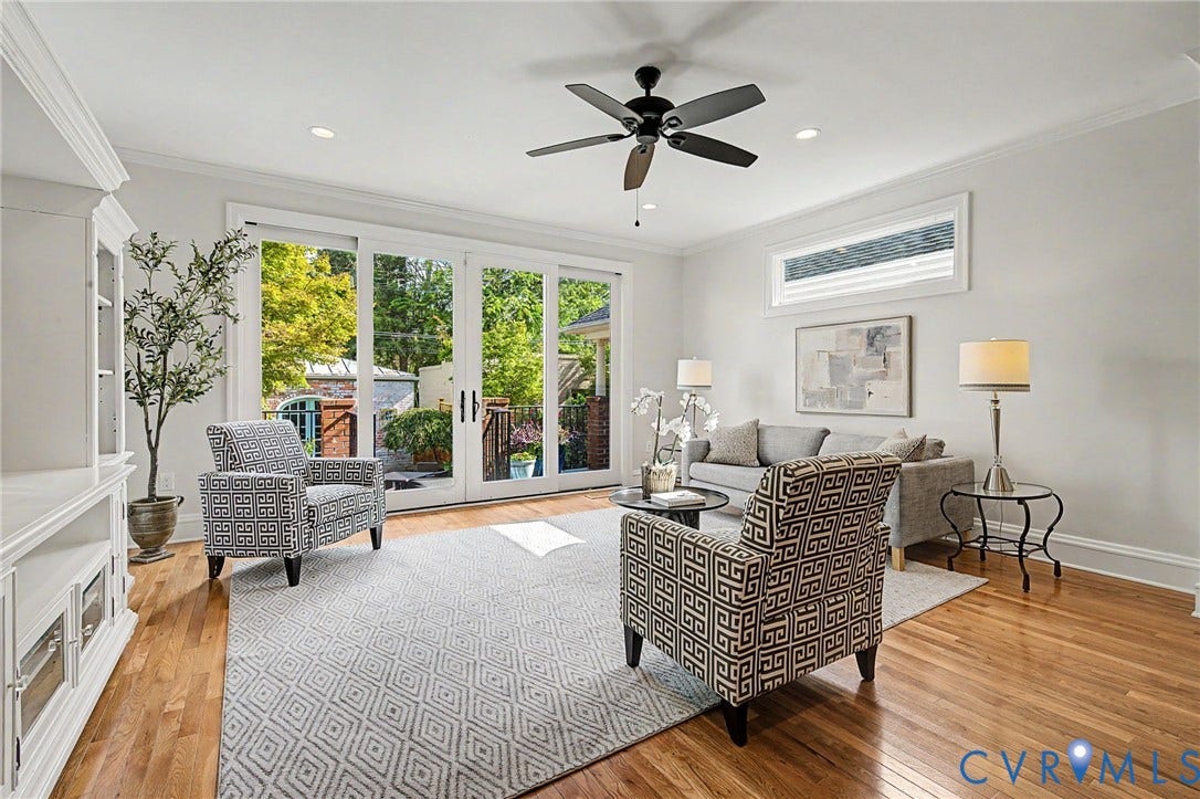 Primary casual living room on the back of the home, with glass sliders leading to the rear yard.
