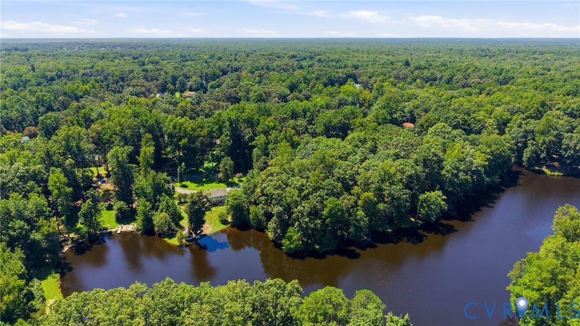 4512 Forrestal Road, Chester, VA 23831 Lakeside property featuring a private dock and a surrounding dense tree line