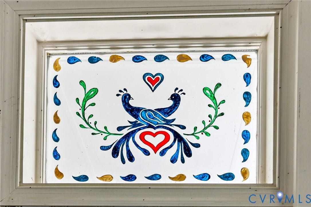 3400 Warner Road, Grandview, Richmond, VA 23225 Decorative hand painted glass panel with a vibrant love birds motif