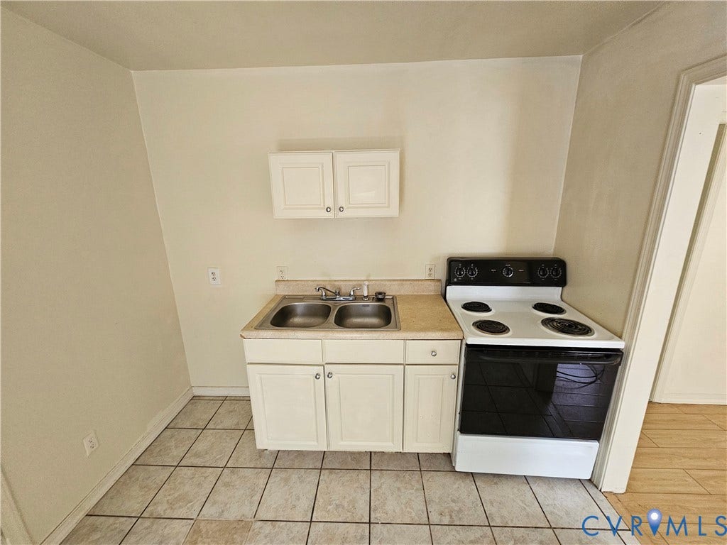1711 Halifax Avenue, Richmond, VA 23224 Kitchenette with tile flooring, white cabinetry, double basin stainless steel sink, and a white electric range