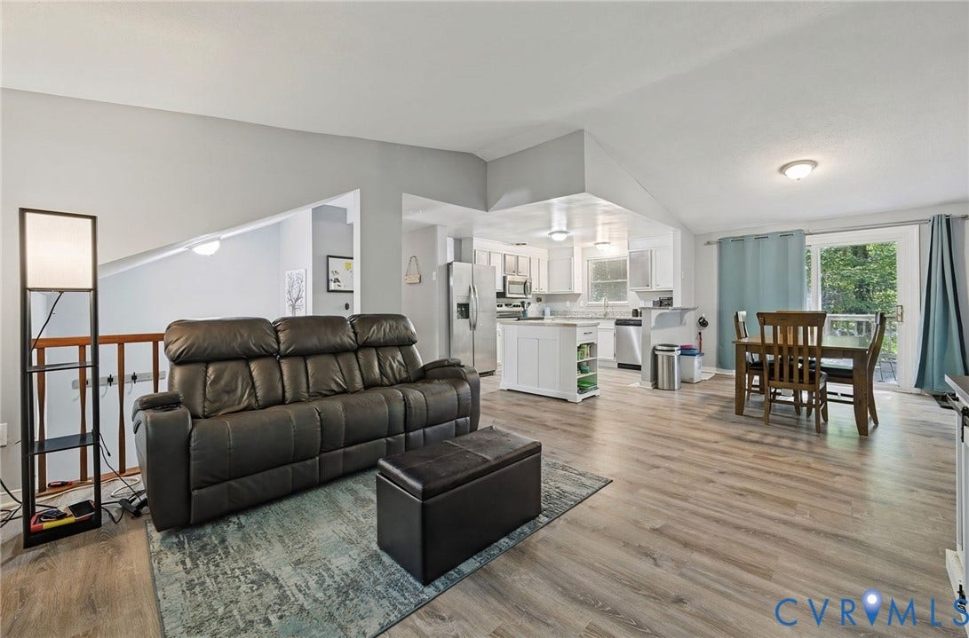 2709 Sutters Mill Court, Midlothian, VA 23112 Angled ceilings, wood-finish flooring, white kitchen cabinetry, kitchen island with open shelving, and a sliding glass door