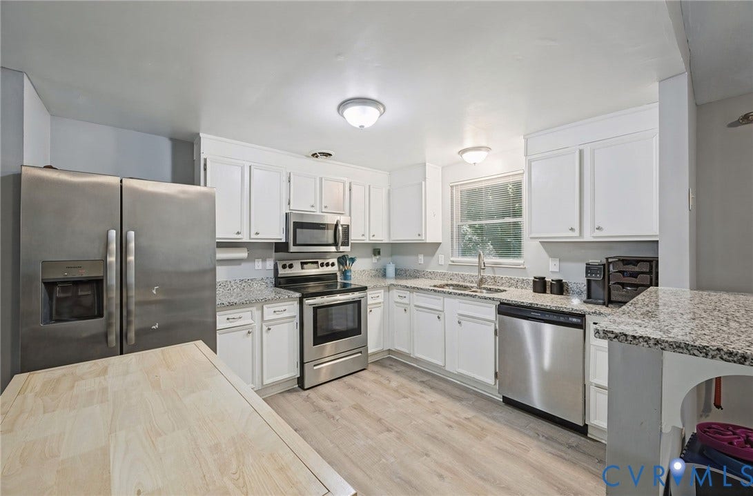 2709 Sutters Mill Court, Midlothian, VA 23112 Kitchen featuring stainless steel appliances, white cabinetry, speckled countertops, wood-finish flooring, and a double basin sink