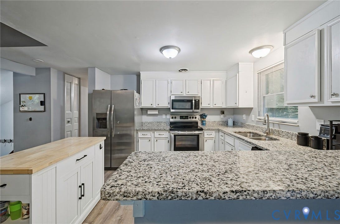 2709 Sutters Mill Court, Midlothian, VA 23112 Kitchen featuring white cabinetry, stainless steel appliances, granite countertops, a double basin sink, and a center island with wood-finish top