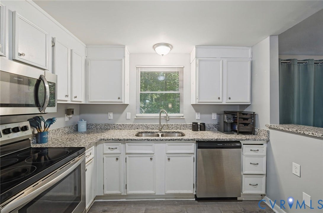 2709 Sutters Mill Court, Midlothian, VA 23112 White cabinetry, stainless steel appliances, speckled countertops, wood-finish flooring, and a double basin sink