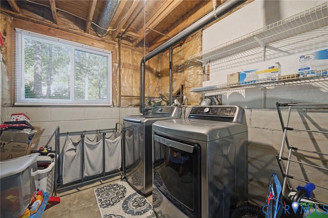 2709 Sutters Mill Court, Midlothian, VA 23112 Daylight window with blinds, exposed ceiling joists, utility piping, and built-in wire shelving