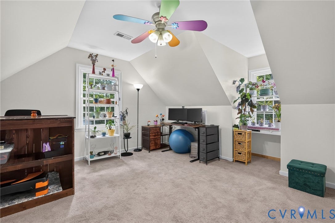 7248 Full Rack Drive, Midlothian, VA 23112 Sloped ceilings with recessed lighting, light neutral-toned carpet, and multiple windows providing natural light
