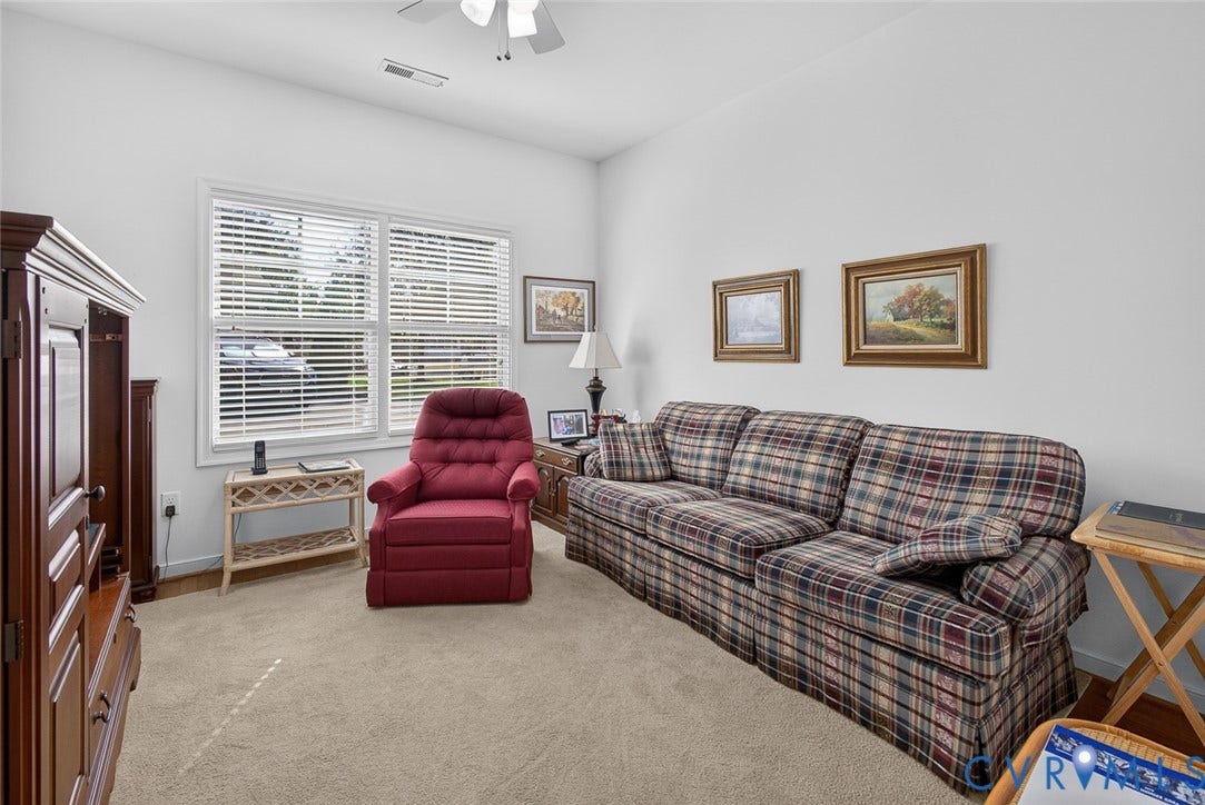 11116 Lantern Way, North Chesterfield, VA 23236 Carpeted flooring, white walls, double window with blinds, and a ceiling fan