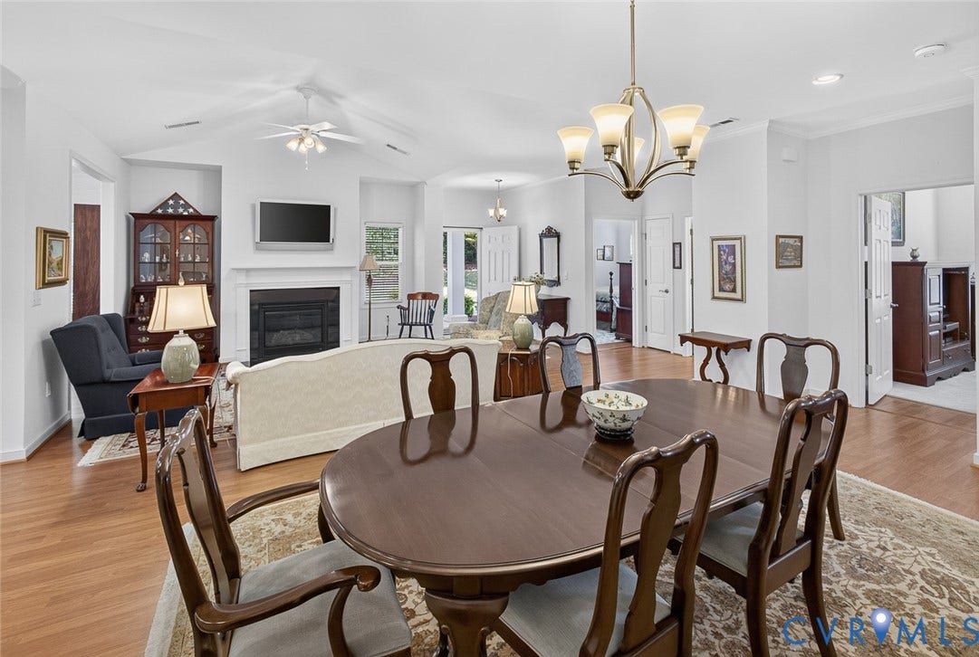 11116 Lantern Way, North Chesterfield, VA 23236 Vaulted ceiling, recessed lighting, wood-finish flooring, central fireplace with mantle, and a chandelier lighting feature