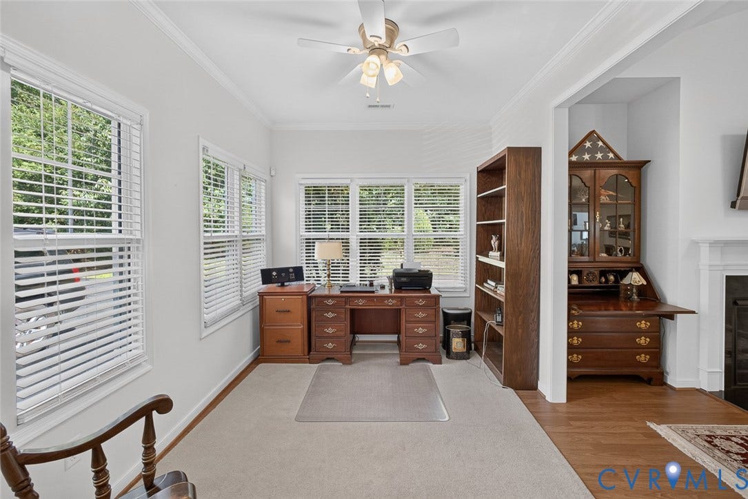 11116 Lantern Way, North Chesterfield, VA 23236 Multiple windows with white blinds, crown molding, ceiling fan, and carpeted flooring