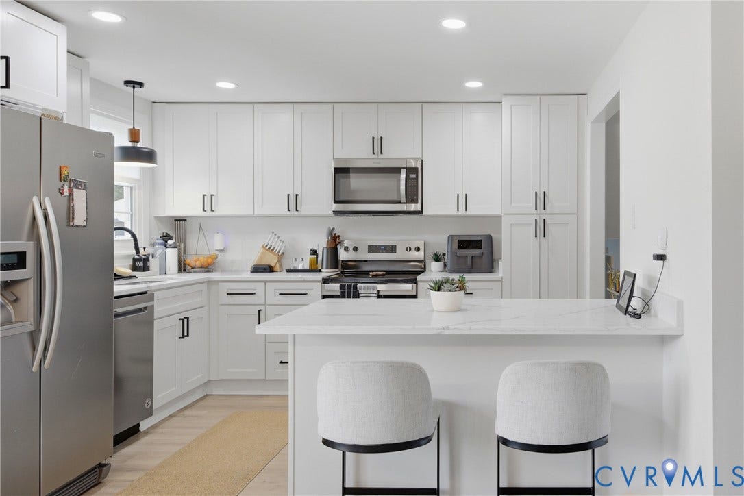 1905 Reagan Road, Henrico, VA 23228 Kitchen featuring white shaker-style cabinetry, stainless steel appliances, recessed lighting, and a white countertop with a breakfast bar
