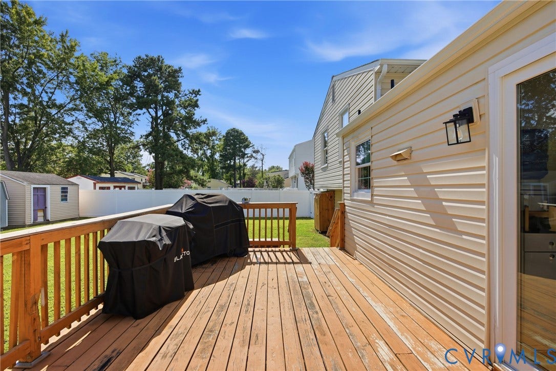 1905 Reagan Road, Henrico, VA 23228 Spacious wood deck with railing overlooking a fenced yard and detached storage shed