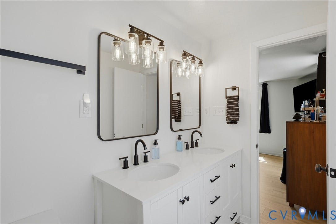 1905 Reagan Road, Henrico, VA 23228 Dual vanity with white cabinetry, matte black hardware, and integrated sinks