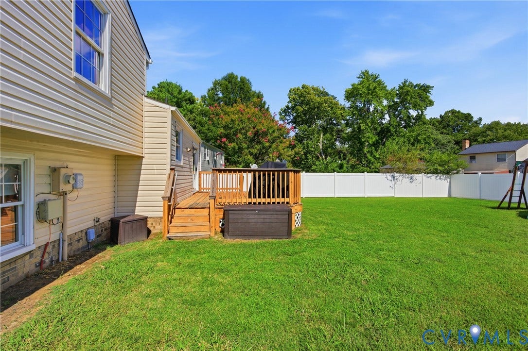 1905 Reagan Road, Henrico, VA 23228 Expansive green lawn, wood-finish deck with railings, privacy fencing, vinyl siding exterior