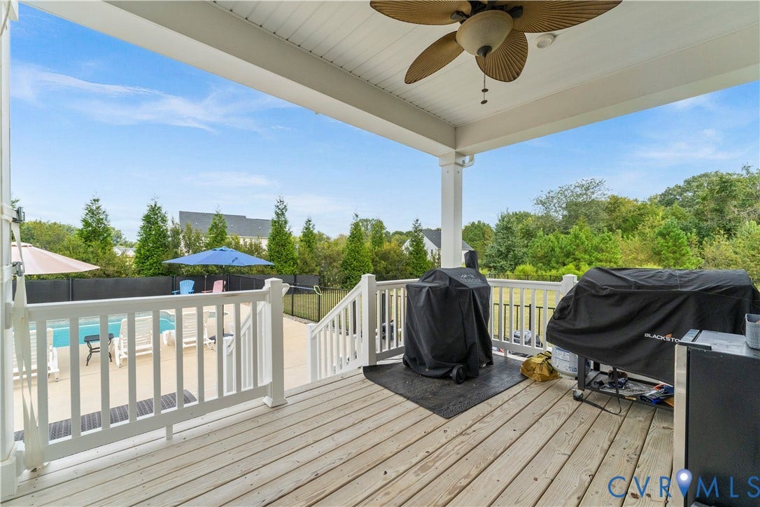 11707 Amara Drive, Chester / Highlands Golf Club, Chesterfield, VA 23838 Covered porch with wood-finish decking and ceiling fan