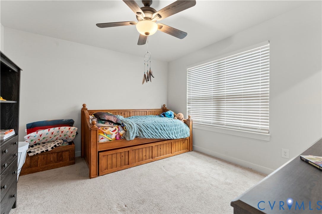 11707 Amara Drive, Chester / Highlands Golf Club, Chesterfield, VA 23838 Light-colored carpeting, a ceiling fan with integrated lighting, and a window with horizontal blinds