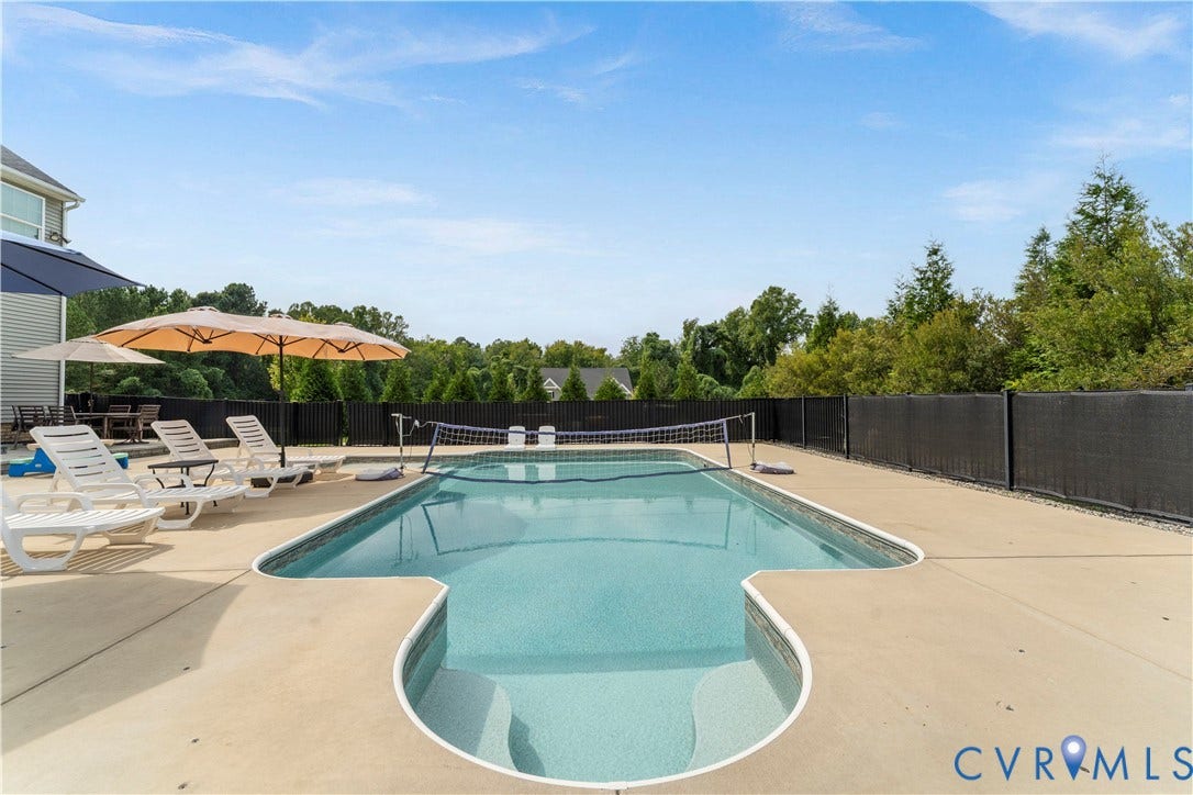 11707 Amara Drive, Chester / Highlands Golf Club, Chesterfield, VA 23838 Backyard oasis featuring an in-ground swimming pool with surrounding concrete decking and privacy fencing