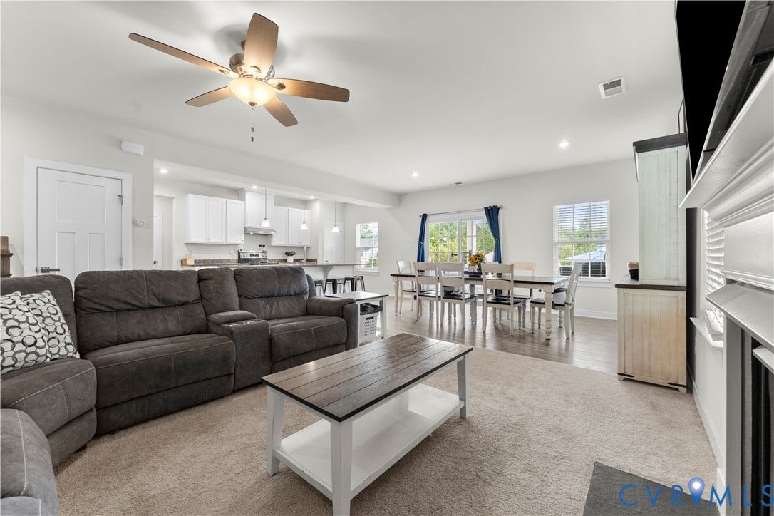 11707 Amara Drive, Chester / Highlands Golf Club, Chesterfield, VA 23838 Open-concept living area featuring a ceiling fan, recessed lighting, and an integrated dining space with wood-finish flooring