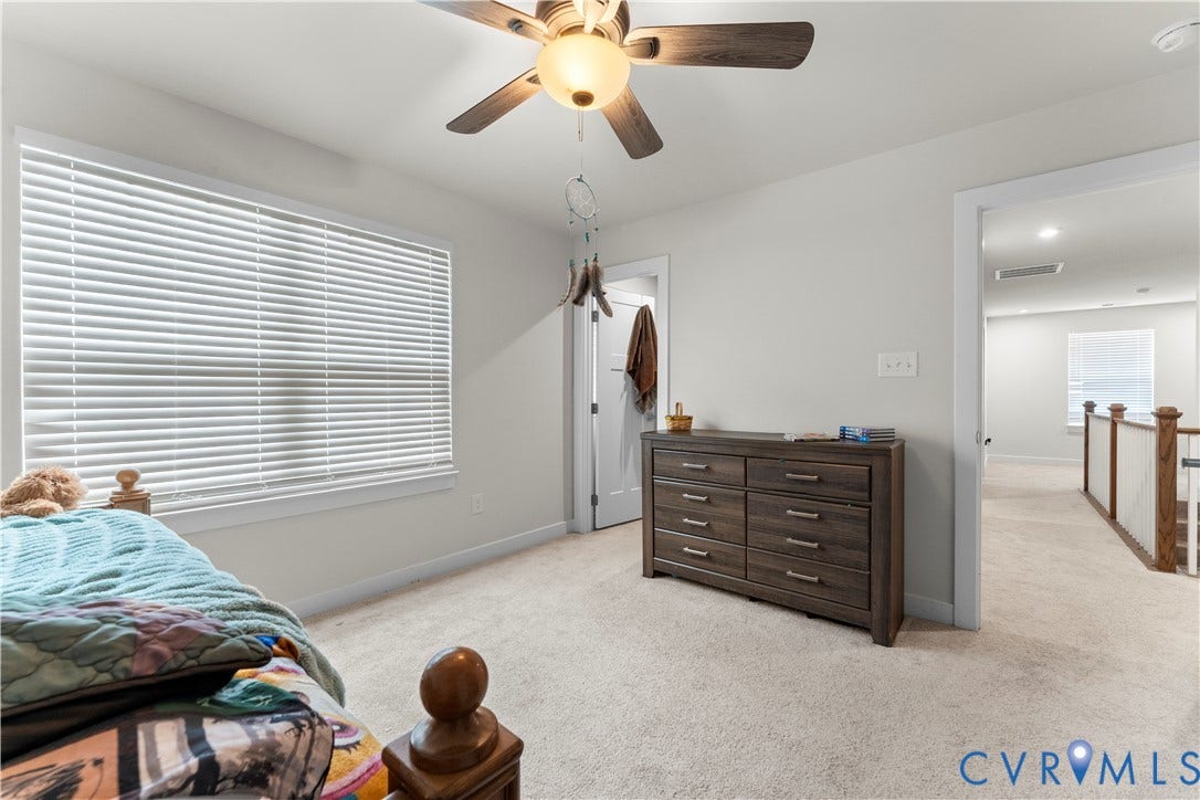 11707 Amara Drive, Chester / Highlands Golf Club, Chesterfield, VA 23838 Carpeted flooring, ceiling fan with light fixture, window with blinds, and white walls