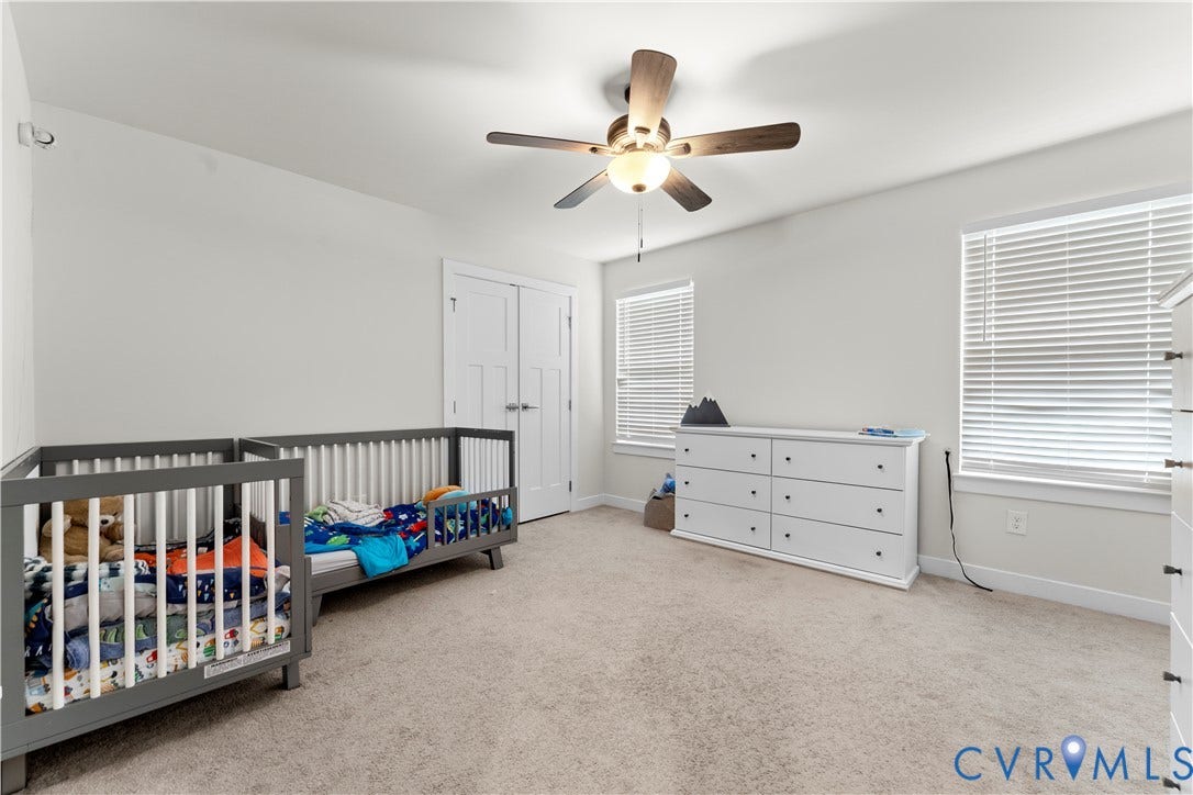 11707 Amara Drive, Chester / Highlands Golf Club, Chesterfield, VA 23838 Carpeted room with white walls, a ceiling fan with light fixture, and two windows with blinds