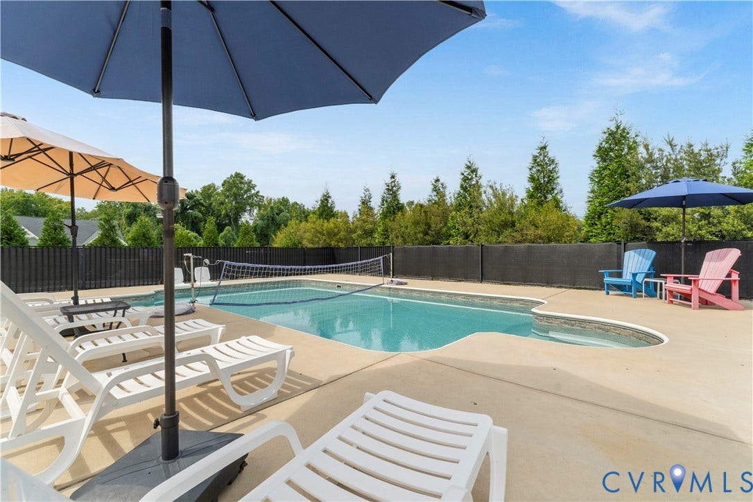 11707 Amara Drive, Chester / Highlands Golf Club, Chesterfield, VA 23838 Swimming pool with integrated spa and concrete surround, privacy fencing, and mature perimeter trees