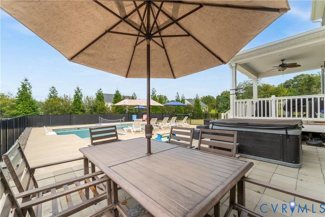 11707 Amara Drive, Chester / Highlands Golf Club, Chesterfield, VA 23838 Patio with paver flooring, shaded by an umbrella, featuring a built-in spa, a swimming pool, and a covered porch with a ceiling fan