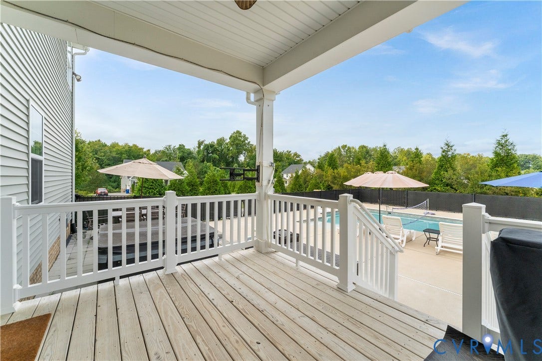 11707 Amara Drive, Chester / Highlands Golf Club, Chesterfield, VA 23838 Covered deck with white railing overlooking a swimming pool, hot tub, and surrounding trees