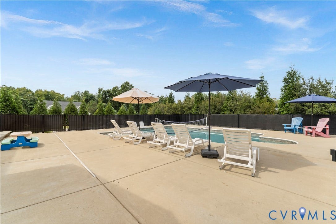 11707 Amara Drive, Chester / Highlands Golf Club, Chesterfield, VA 23838 Outdoor swimming pool with a concrete surround, privacy fencing, and mature perimeter trees