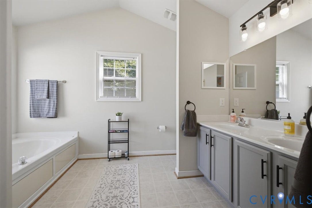 with double sink bowl vanity, garden tub and walk in shower