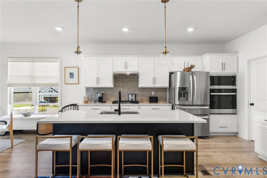 12906 Craftsbury Court, Midlothian, VA 23112 Kitchen featuring a central island with countertop seating, stainless steel appliances, shaker-style cabinetry, a tile backsplash, and wood-finish flooring