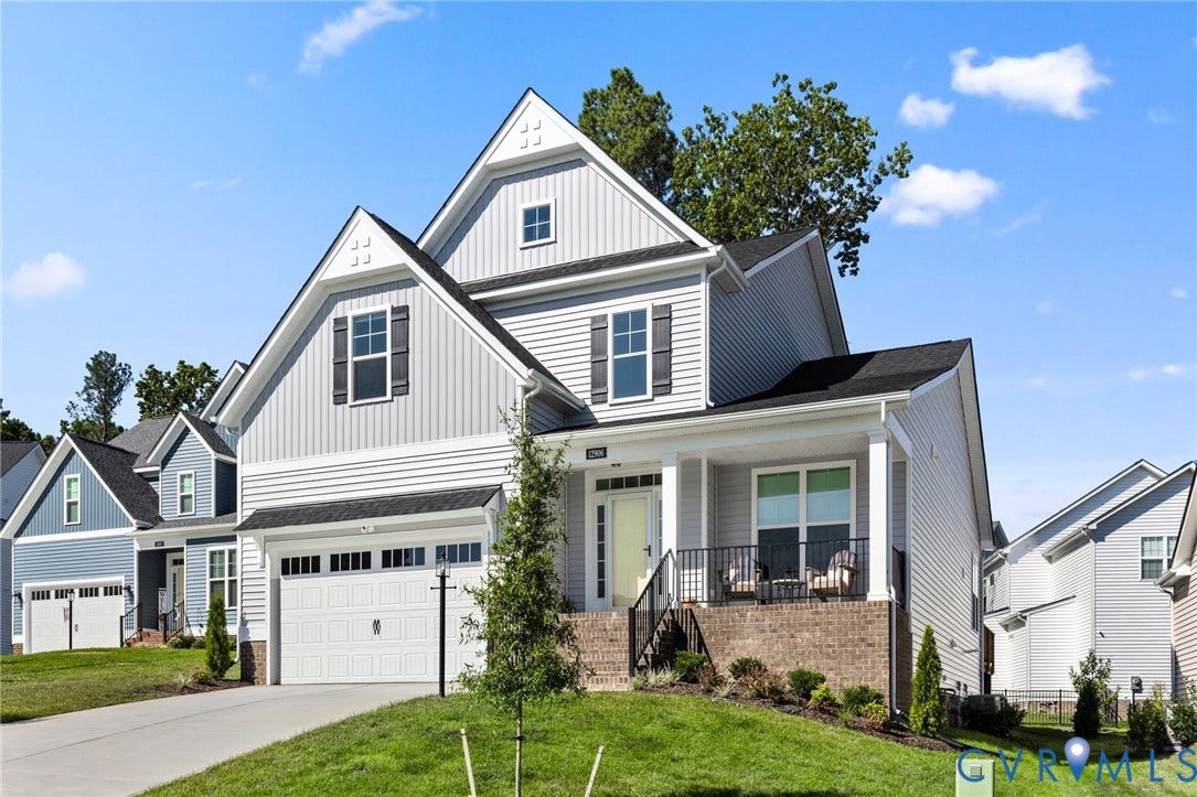 12906 Craftsbury Court, Midlothian, VA 23112 Light gray siding exterior with dark shutters, white trim, and a covered front porch featuring a black railing