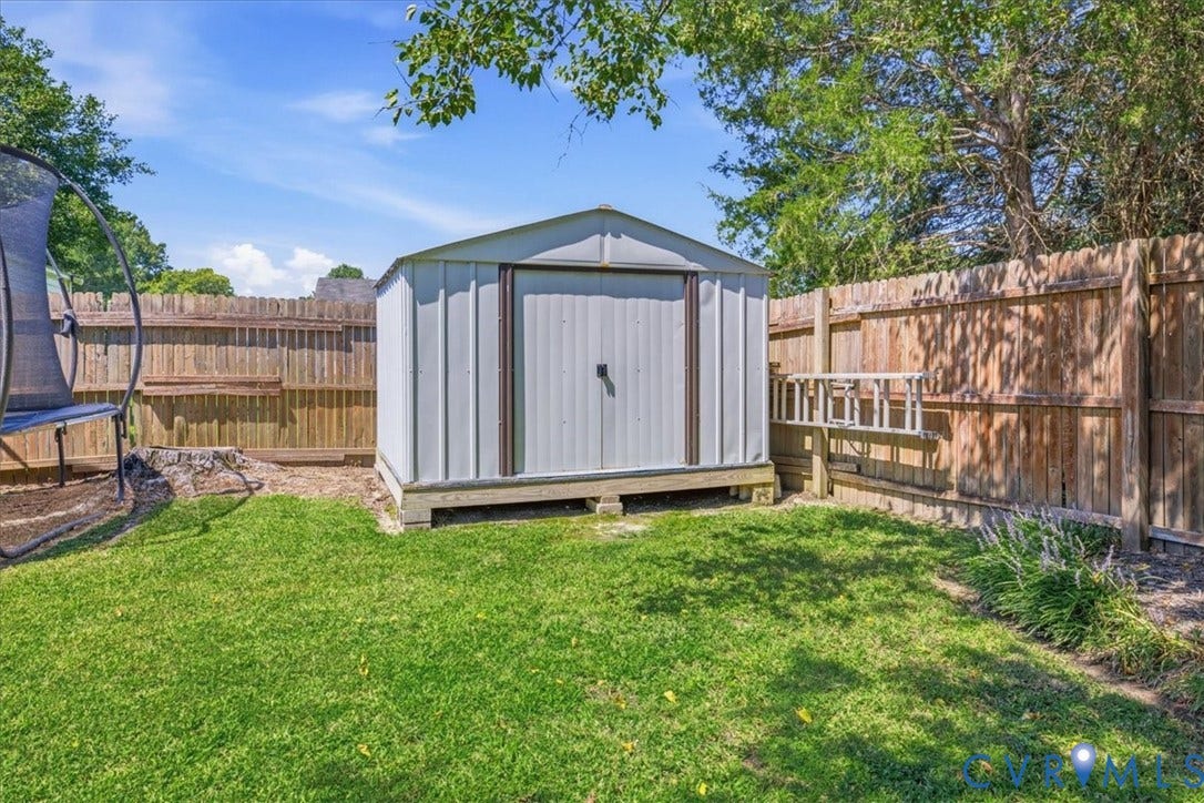 7900 Valencia Road, Chesterfield, VA 23832 Enclosed backyard featuring a metal storage shed, wood fencing, and a manicured lawn