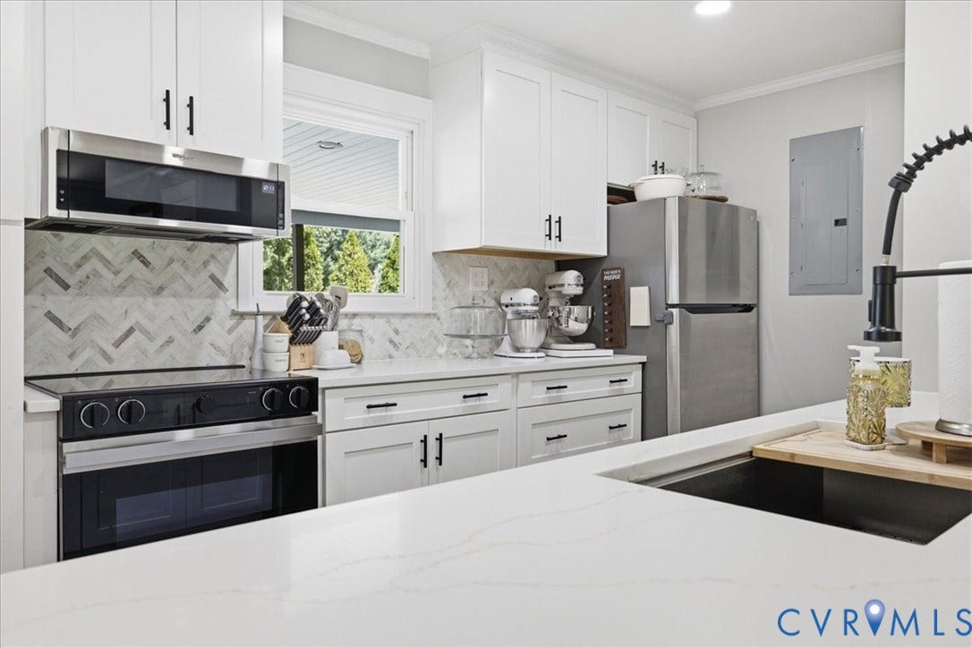 7900 Valencia Road, Chesterfield, VA 23832 White cabinetry with matte black hardware, stainless steel appliances, herringbone pattern tile backsplash, quartz countertops, and an undermount sink