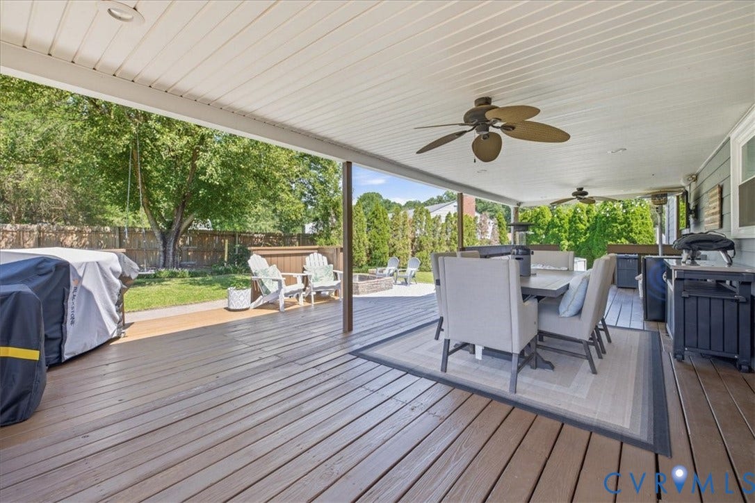 7900 Valencia Road, Chesterfield, VA 23832 Expansive covered deck with ceiling fans, wood-finish flooring, and recessed lighting