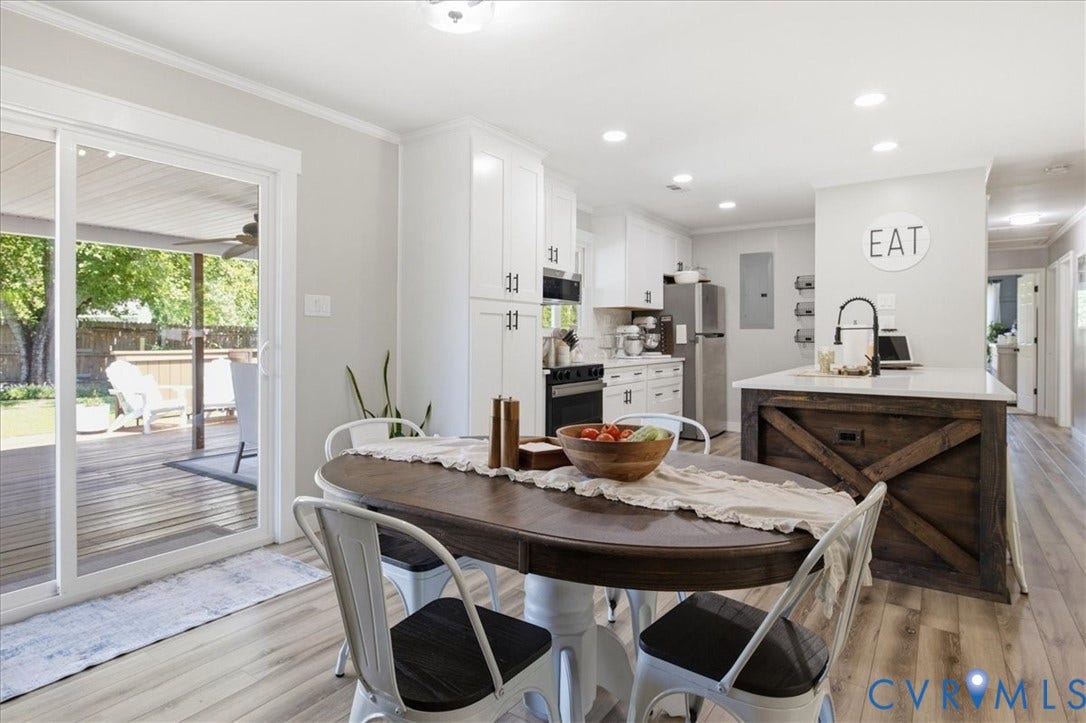 7900 Valencia Road, Chesterfield, VA 23832 White shaker cabinetry, stainless steel appliances, wood-finish flooring, white countertop, and a sliding glass door to a covered deck