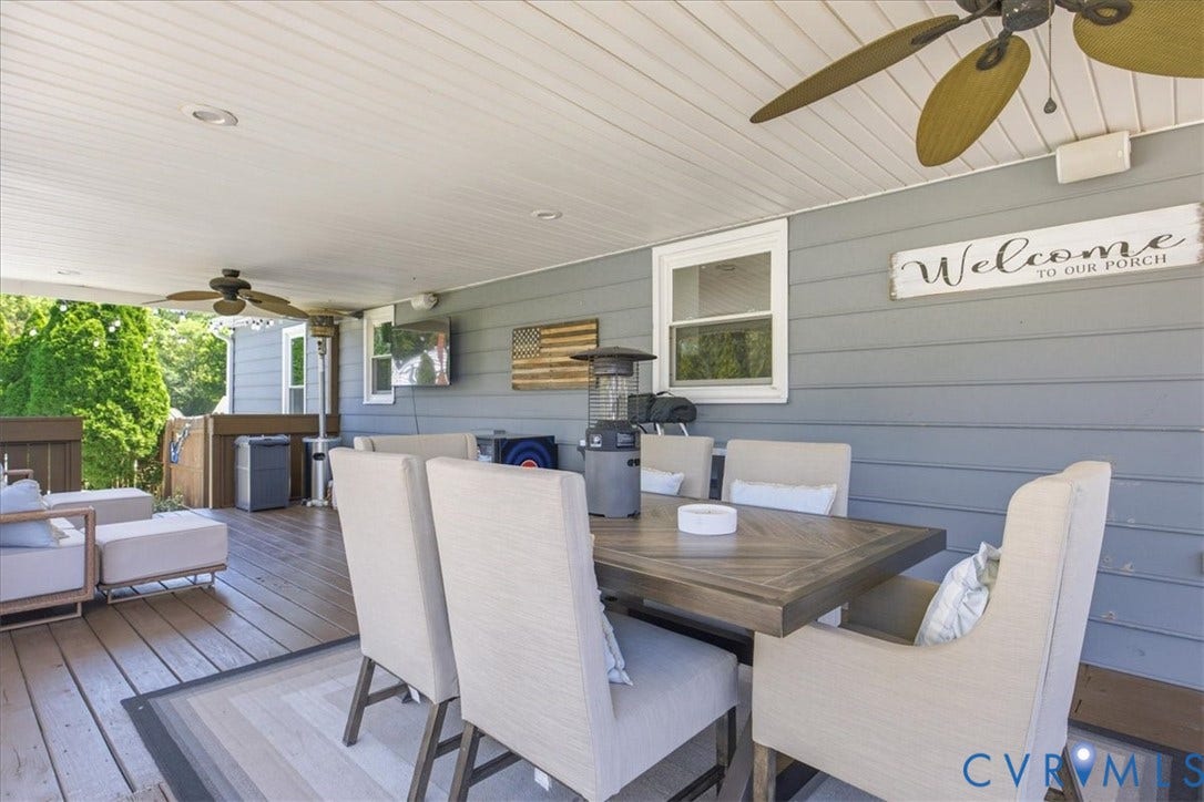 7900 Valencia Road, Chesterfield, VA 23832 Covered porch featuring a wood-finish deck, ceiling fans, and recessed lighting