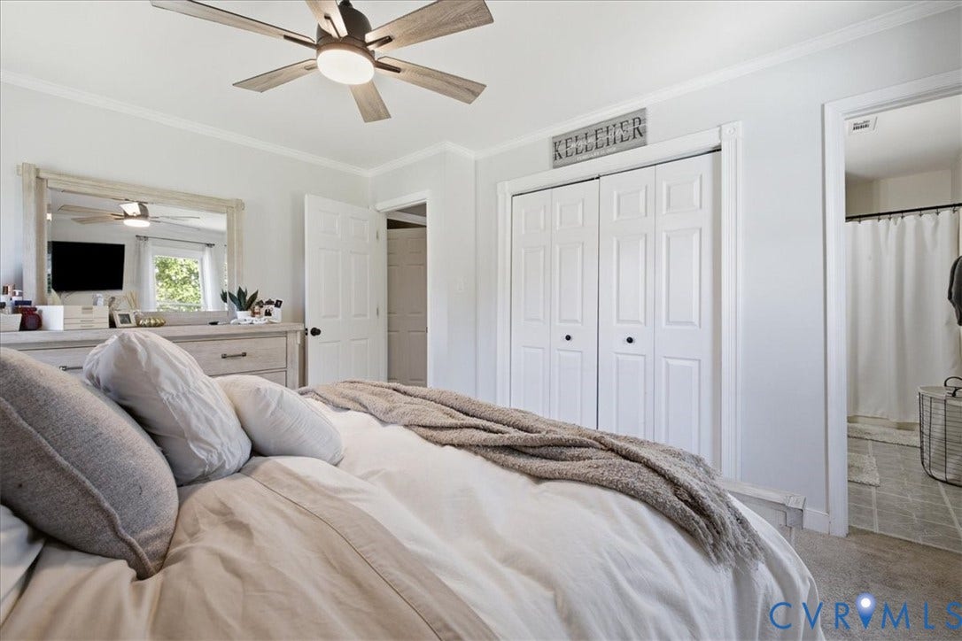 7900 Valencia Road, Chesterfield, VA 23832 Recessed lighting with a ceiling fan, crown molding, and bi-fold closet doors